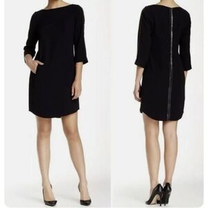 Vince Black Crepe 3/4 Sleeve Leather Trim Dress